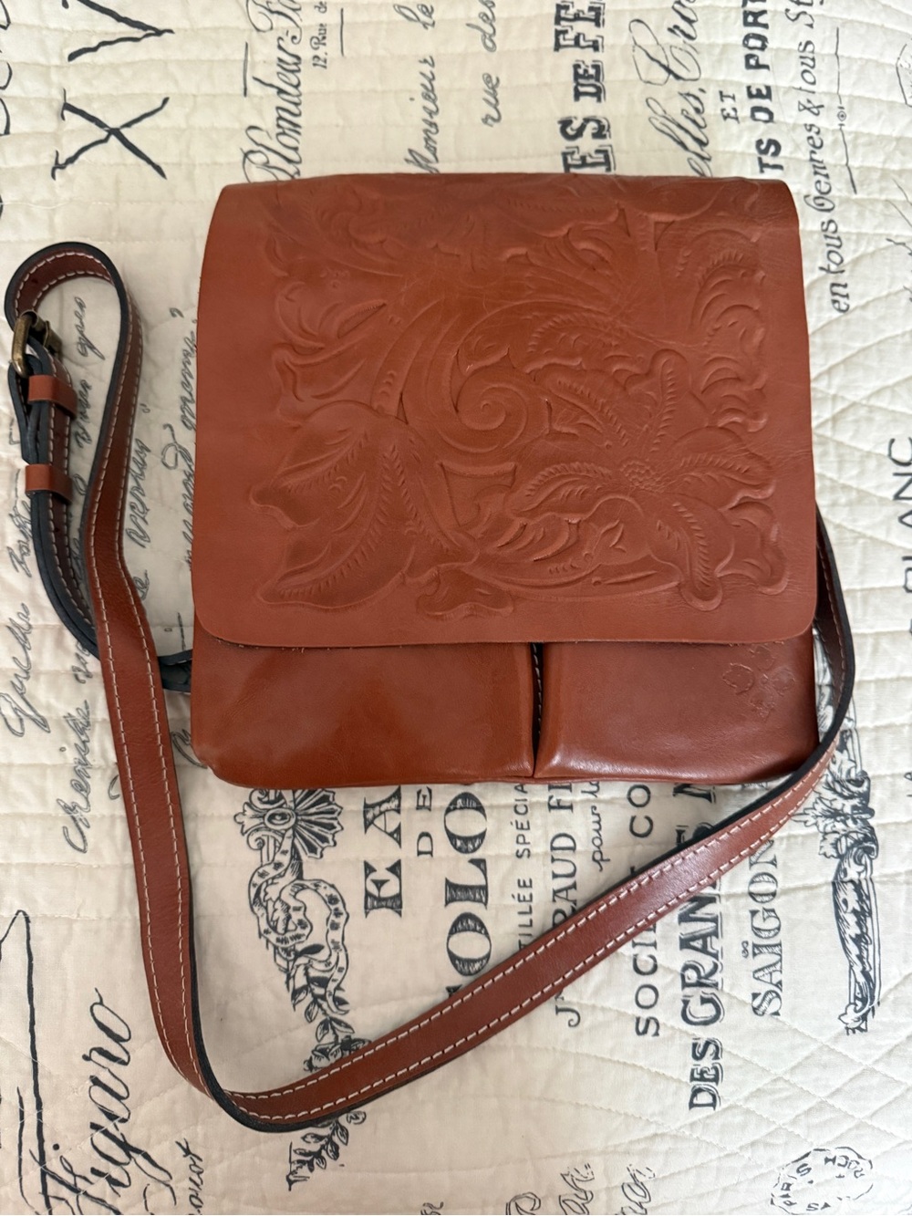 Patricia Nash Embossed Leather Crossbody Bag in Cognac Brown